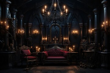 Victorian Vampire's Lair with rich velvet upholstery, Gothic decor, and a dark, vampiric ambiance....