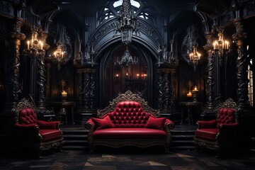 Victorian Vampire's Lair with rich velvet upholstery, Gothic decor, and a dark, vampiric ambiance. Victorian vampire's lair home decor. Halloween gothic vampire dark living room. Template