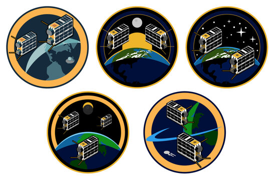 Set of space mission emblems with CubeSat satellites in Earth orbit