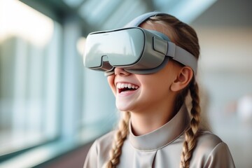 Portrait of a child wearing virtual or augmented reality glasses. Kid in VR mask, modern technology concept