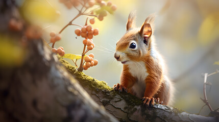 Naklejka na ściany i meble Squirrel sits on a branch in the autumn forest and eats nuts