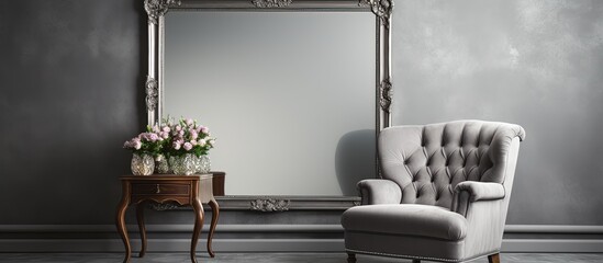 Mirror with armchair in room with grey wall