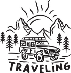 Travel trip in the mountains and nature with jeep