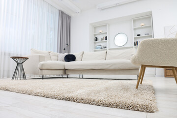 Fluffy carpet and stylish furniture on floor indoors, low angle view - Powered by Adobe