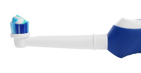 Electric toothbrush with paste on white background, closeup