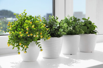 Artificial potted herbs on sunny day on windowsill indoors. Home decor