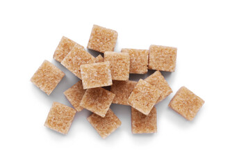 Brown sugar cubes isolated on white, top view