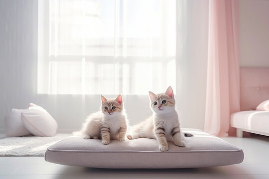 綺麗なリビングルームで遊ぶ可愛い子猫「AI生成画像」