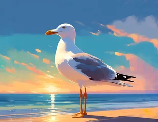 Fotobehang Beautiful digital illustration of a seagull on the Brazilian coast and a beautiful sunset. Digital art of sunrise on amazing beach vacation. Drawing on the beaches of Brazil © SuperTittan