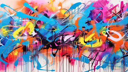 Fotobehang Abstract wall scribbles background. Street art graffiti texture with tags, drawings, inscriptions and spray paint stains © Ziyan Yang