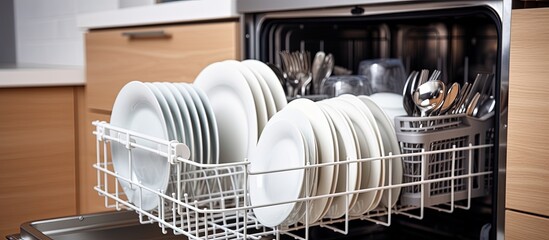 White plates in a built-in dishwasher.