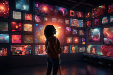 A person showcasing their NFT collection on a digital art gallery wall. Generative Ai.