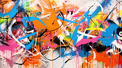 Abstract wall scribbles background. Street art graffiti texture with tags, drawings, inscriptions and spray paint stains