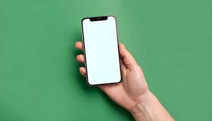 hand holding smart phone with blank screen, hand holding, iphone mockup, green backgrounds, handheld, aerial view
