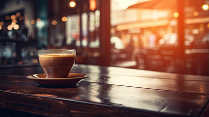 Vintage cafe experience. Closeup of white cup of coffee on vintage wooden table on blur restaurant background