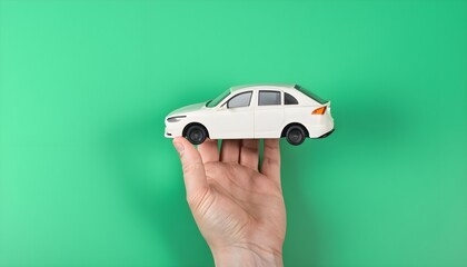 Man holding a car in their hands, hand holding car mockup, green backgrounds, hand holding car