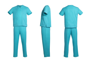 Turquoise medical uniform isolated on white, collage with back, side and front views