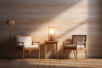 Fototapeta premium In a mid-century modern living room, two barrel chairs and a round wooden coffee table sit by the window, near a paneled wall adorned with curtains. Generative AI.