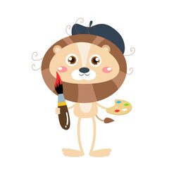 vector cute lion painter cartoon vector icon illustration