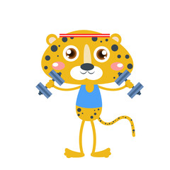 Vector cute cheetah cat lifting dumblle cartoon vector icon illustration