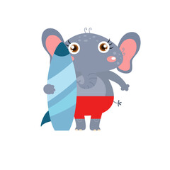 vector cute elephant with surfboard cartoon vector icon illustration