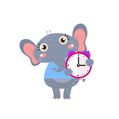 vector cute elephant with alarm clock cartoon vector icon illustration