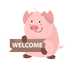 vector cute pig with welcome board cartoon vector icon illustration