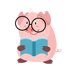 vector cute pig reading cartoon vector icon illustration