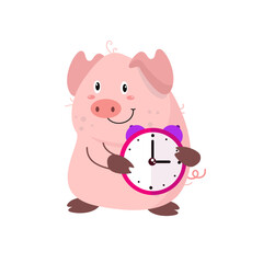 vector cute pig with alarm clock cartoon vector icon illustration