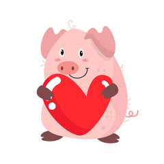 vector cute pig hugging heart cartoon vector icon illustration
