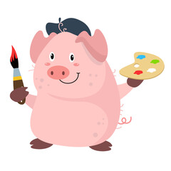 vector cute pig painter cartoon vector icon illustration