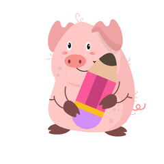Obraz na płótnie Canvas vector cute pig bring big pencil cartoon vector icon illustration