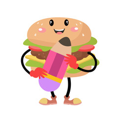  vector cute burger with big pencil cartoon icon illustration