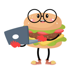  vector cute burger work on laptop cartoon icon illustration