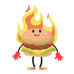  vector cute burger on fire cartoon icon illustration