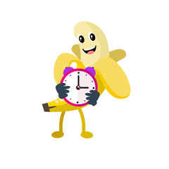 Vector cute peeled banana holding alarn clock cartoon fruit icon illustration