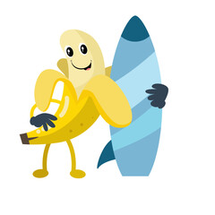 Vector cute peeled banana with surfboard cartoon fruit icon illustration