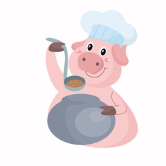  vector cute pig chef taste the soup cartoon vector icon illustration