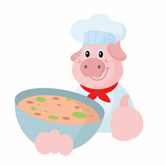  vector cute pig chef with soup cartoon vector icon illustration