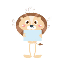 Vector cute lion with paper mascot cartoon vector icon illustration