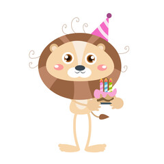 Fototapeta premium Vector cute lion birthday party mascot cartoon vector icon illustration