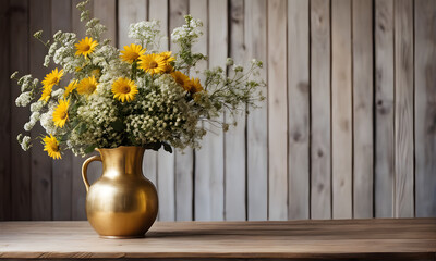 Fototapeta na wymiar Beautiful vase with wild flowers on a rustic wooden table, with a wooden wall background