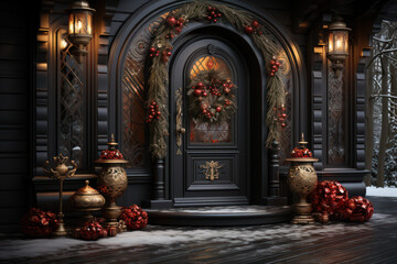 Obraz premium Yuletide Decor. Door adorned with a festive wreath and twinkling lights, inviting the holiday spirit into homes. Generative AI.