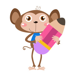 vector cute monkey hugging pencil cartoon vector icon illustration