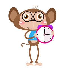 vector cute monkey holding alarm cartoon vector icon illustration