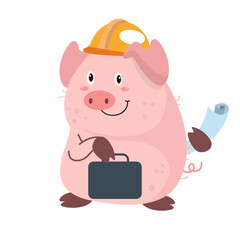 vector cute pig construction workers cartoon vector icon illustration
