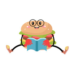 Vector cute burger reading book vector mascot character illustration