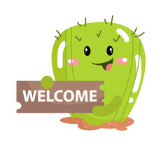 vector cute cactus welcome board character illustration