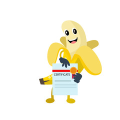 Vector cute peeled banana holding certificate cartoon fruit icon illustration 