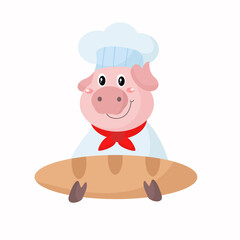 vector cute pig chef eating beef steak cartoon character